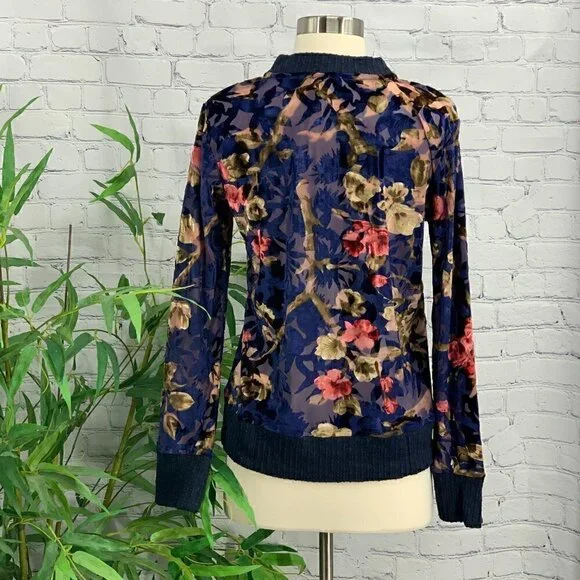Mystree Navy Blue w/ Floral Velvet Bomber Jacket - Picture 4 of 8